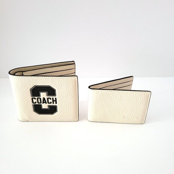 Coach CAK48 3 In 1 Varsity Pebbled Leather Billfold Bifold Wallet Chalk Black - Picture 7 of 8